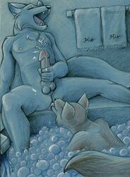 anal ass bath bubble_bath bubbles canine closed_eyes cum cumshot english_text erection fox furry gay kee male nipples oral orgasm penis rimming text towel wolf