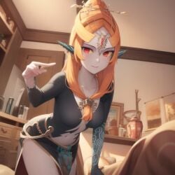 1girls ai_generated big_breasts black_sports_bra breasts clothing female female_only happy long_hair midna ruptuorie shorts solo the_legend_of_zelda twili_midna