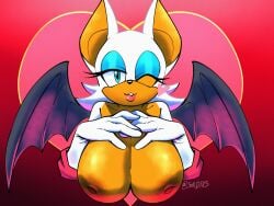 1girls anthro bat bat_wings big_breasts blue_eyes breasts chiropteran elbow_gloves eyeshadow fanart female lipstick mobian_(species) orange_skin rouge_the_bat solo somedivs sonic_(series) sonic_the_hedgehog_(series) topless_female white_fur white_hair