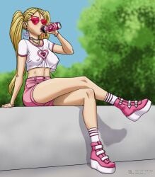 1girls blonde_hair breasts covered_nipples crossed_legs drinking drinking_can full_body gyaru jill_(spidu) nipple_bulge nipples_visible_through_clothing original outdoors shorts sitting solo spidu the_amazing_adventures_of_sophie_and_jill trend twintails