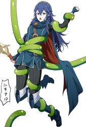 1girls ameno_(a_meno0) arm_grab blue_eyes blue_hair blush boots breasts cape falchion_(fire_emblem) female female_only femsub fingerless_gloves fire_emblem fire_emblem_awakening gloves hair_between_eyes leg_grab long_hair long_sleeves lucina_(fire_emblem) nintendo open_mouth pantyhose restrained restrained_by_tentacles small_breasts solo suspended_via_tentacles suspension sweat sweatdrop sword symbol-shaped_pupils tentacle tentacle_around_arm tentacle_around_waist tentacles tentacles_around_legs tiara translation_request weapon white_background