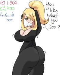 1girls ass big_ass big_breasts blonde_hair breasts cleavage clothed clothed_female cynthia_(pokemon) female female_only full_comfort full_comfort_(strip_game) full_comfort_cynthia_(strip_game) long_hair part_2 pokemon smile solo solo_female strip_game twitter_strip_game_(meme)