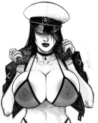 2024 areolae big_breasts bikini black_hair breasts busty choker cleavage cropped_jacket devil_hs female female_focus female_only g-string gloves goth goth_girl hourglass_figure jacket large_breasts lipstick long_hair makeup monochrome navel nipples see-through see-through_clothing stripes_(devil_hs) tagme wide_hips