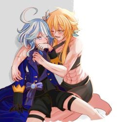 2girls abs biceps black_shirt blonde_hair blue_eyes blue_hair blue_jacket blush breast_press breasts cleavage furina_(genshin_impact) genshin_impact hand_covering_mouth jacket large_breasts lumine_(genshin_impact) multiple_girls muscular muscular_arms muscular_female scar shirt shorts sports_bra sportswear sweat yellow_eyes yukiart_83 yuri