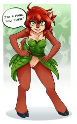 2018 absurd_res activision ambris anthro biped breasts brown_body brown_fur brown_hair cleavage clothed clothing deer digital_media_(artwork) elora faun_(spyro) female fur genitals green_eyes hair hi_res hooves leaf_clothing leaf_dress mammal pussy smile solo spyro_reignited_trilogy spyro_the_dragon standing tail third-party_edit