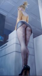 1girls 3d 3d_(artwork) 9:16 absurd_res blizzard_entertainment earrings fishnet fishnet_legwear fishnets from_behind high_heels mercy miniskirt moonroomoom office office_lady overwatch overwatch_2 pantyhose ponytail secretary shoes skirt topwear