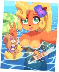 accessory activision anthro anthro_only armpits ass bandicoot bikini blep blonde_hair blue_eyes breasts brown_eyes buckteeth chip_'n_dale_rescue_rangers clothed clothing coco_bandicoot crash_(series) crossover disney female flower flower_in_hair fur gadget_hackwrench genitals gesture green_eyes group hair hair_accessory hi_res inflatable inner_tube kempferzero long_hair looking_at_viewer mammal marsupial mouse murid murine navel nickelodeon nipples one-piece_swimsuit open_mouth open_smile partially_submerged plant pussy rodent rubber_duck sandy_cheeks sciurid selfie size_difference smile spongebob_squarepants swimming swimwear teeth third-party_edit tongue tongue_out tree_squirrel v_sign water wet wet_body wet_fur