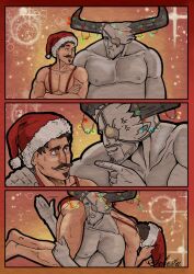 2boys anthro artist_signature ass beard biceps canon_couple christmas christmas_decorations christmas_hat christmas_lights christmas_outfit couple crossing_arms dark-skinned_male dark_hair dark_skin dorian_pavus dragon_age dragon_age_inquisition duo eyepatch eyewear facial_hair funny gay gay_male grabbing_partner grey_body grey_skin holding_partner horn horns human humor iron_bull lifted lifting lifting_partner mage male male/male male_only moustache muscles muscular muscular_male nipples pecs qunari santa_hat schesta size_difference smile smiling suspenders underwear video_games