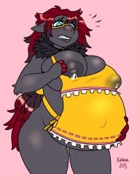 anthro big_breasts breasts female fur generation_5_pokemon grey_body grey_fur hair lactation nintendo pokemon pokemon_(species) pregnant red_hair solo xalloir zoroark