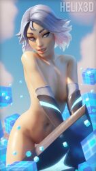 3d blue_eyes blue_hair bottomless fortnite gloves_only helix3d light_skin lightrider_(fortnite) nipples_covered partially_clothed
