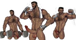 1boy abs bandaged_hand bandages bara beard black_hair brown_hair castlevania castlevania_(netflix) castlevania_nocturne clenched_hands completely_nude cropped_jacket dark-skinned_male dark_skin dumbbell erection facial_hair full_beard hairy highres jackray85674939 large_pectorals large_penis male male_focus male_only mature_male mizrak muscular muscular_male navel navel_hair nipples nude pectorals penis punching short_hair solo_male sparse_arm_hair sparse_leg_hair sparse_navel_hair standing stomach sweat thick_chest_hair thick_eyebrows thick_mustache thick_thighs thighs uncensored very_short_hair very_sweaty yaoi