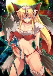 blonde_hair blue_eyes chains erection futanari hairbow head_wings human intersex long_hair looking_back naughty_face penis precum riesz seiken_densetsu seiken_densetsu_3 wolf_pelt