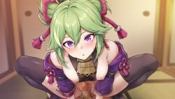 1boy bare_shoulders black_thighhighs blurry blurry_background breasts censored clothing_aside cowgirl_position female genshin_impact green_hair hair_between_eyes hair_ribbon highres indoors jacket kuki_shinobu looking_at_viewer male_pubic_hair medium_breasts mosaic_censoring nipples off_shoulder open_mouth penis pineapp_panda ponytail pov pubic_hair purple_eyes purple_jacket ribbon squatting_cowgirl_position straddling straight thighhighs