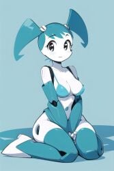 ai_generated arm_sleeves black_eyes blush bra female jenny_wakeman looking_at_viewer my_life_as_a_teenage_robot nickelodeon on_knees pixai robot_girl robot_humanoid smiling teal_boots teal_bra teal_hair thigh_boots twintails white_skin white_skinned_female xj-9