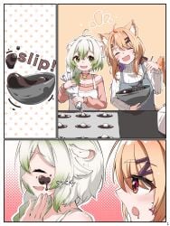 2girls :d ^_^ ahoge animal_ear_fluff animal_ears apron baking bangs blonde_hair blush bowl cat_ears cheeks chocolate chocolate_making closed_eyes clothing collarbone comic cooking eyebrows_visible_through_hair face_markings fang food food_on_face gradient_hair green_eyes green_hair hair_between_eyes hair_ornament hairclip halftone_background holding indie_virtual_youtuber kemonomimi knife ladle laimu long_hair long_sleeves mixing_bowl multicolored_hair multiple_girls off-shoulder_sweater open_mouth oven_mitts pink_apron polka_dot polka_dot_background pot red_eyes ribbed_sweater short_hair smile spatula squchan_(vtuber) sweater valentine virtual_youtuber vyugen whisk