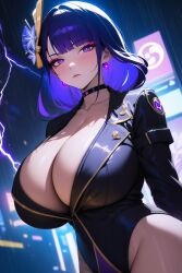 1girls ai_generated alternate_breast_size black_choker blurry_background choker cinematic cleavage closed_mouth collarbone cyberpunk earrings genshin_impact gigantic_breasts huge_breasts jacket jewelry looking_at_viewer mihoyo narrow_waist night_sky raiden_shogun rain solo thick_thighs video_games wide_hips