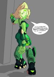 1girls ass barefoot big_ass big_feet cartoon_network dialogue feet female foot_fetish gem_(species) green_skin peridot_(steven_universe) solo steven_universe text welderfeatures