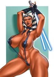 ahsoka_tano alien alien_girl alien_humanoid areola areola_slip areolae areolae_peeking armpits arms_up athletic athletic_female big_breasts blue_lightsaber blue_sling_bikini blue_slingshot_swimsuit breasts clone_wars dark_nipples female female_focus female_only fingerless_gloves gloves holding_object holding_sword holding_weapon large_breasts light_saber lightsaber lips melee_weapon midriff nipples orange_body orange_skin palungpalang parted_lips side_view skimpy skimpy_clothes skimpy_outfit skimpy_swimwear sling_bikini slingshot_swimsuit solo solo_female solo_focus star_wars swimsuit swimwear sword teeth the_clone_wars:_season_seven thick_thighs thighs togruta weapon weapons