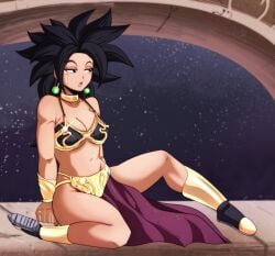 1girls bikini black_hair boots bracelets busty cleavage collar decial10 dragon_ball dragon_ball_super kefla loincloth metal_bikini slave_leia_(cosplay) slavegirl tan_skin tan_skinned_female