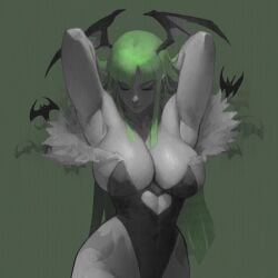 1girls armpits arms_behind_head arms_up bat bat_wings big_breasts bursting_breasts busty capcom child_bearing_hips cleavage closed_eyes darkstalkers grayscale green_hair heart_cutout hi_res ickpot large_breasts morrigan_aensland pose posing seductive seductive_smile sensual sexy_armpits small_waist succubus thick_thighs thighs tight_clothing voluptuous wings