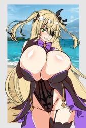 alternate_breast_size asymmetrical_legwear bare_shoulders blonde_hair breasts breasts_bigger_than_head cilica cleavage eyepatch female fischl_(genshin_impact) genshin_impact gloves green_eyes huge_breasts hyper_breasts long_hair looking_at_viewer smile solo thick_thighs thighhighs tied_hair twintails