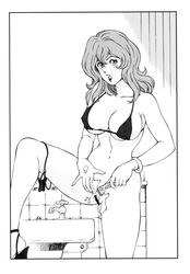 1girls 2009 ankokudou_shinkaigyo bathroom belly big_breasts bikini blush bottomless bracelet breasts censored curvaceous female female_only greyscale highres human large_breasts long_hair looking_at_viewer lupin_iii mine_fujiko monochrome navel open_mouth pussy rippadou shaving shaving_pussy solo standing swimsuit thighhighs vagina