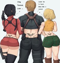 1boy 2girls ada_wong artist_request ashley_graham ashley_graham_(ella_freya) ass ass_focus big_ass dat_ass duplicate female human leon_scott_kennedy light-skinned_female light-skinned_male light_skin male male/female/female matching_underwear miniskirt resident_evil resident_evil_4 resident_evil_4_remake skirt straight straight_hair tattoo tattoos thong tramp_stamp trio wide_hips yoracrab