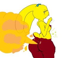 anthro ass blue_body blush breasts brown_body candy chocolate dessert fakemon fanning fart fart_cloud fart_fetish female floppy_ears food food_creature fur lagomorph leporid living_marshmallow looking_at_viewer looking_back looking_back_at_viewer mammal mochamel_(theonetruesinner) nipples nude nude_anthro nude_female path_lines peeps rabbit rumbling_stomach scut_tail short_tail simple_background solo standing tail theonetruesinner tongue tongue_out white_background yellow_body yellow_fur