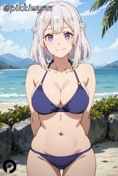 ai_generated arms_behind_back bangs beach bikini blue_bikini blue_sky blush braid breasts cleavage closed_mouth cloud collarbone cowboy_shot day female hakuren isekai_nonbiri_nouka large_breasts looking_at_viewer navel ocean outdoors pikkiwynn purple_eyes rock short_hair sky smile solo swimsuit