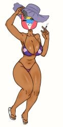 1girls 2024 alternate_version_available antigua_and_barbuda_(countryhumans) belly_button big_breasts bikini breasts cigarette clothed clothed_female clothing countryhumans countryhumans_girl dark-skinned_female dark_skin feet flawsy flower footwear hands_up hat knees_together_feet_apart looking_at_viewer purple_clothing sandals simple_background smile solo sun_hat thick_thighs thighs translucent_clothing white_background