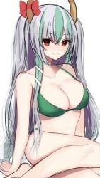 7saki alternate_costume bare_arms bare_shoulders bikini blush bow breasts cleavage collarbone ex-keine feet_out_of_frame female green_hair hair_between_eyes horns kamishirasawa_keine large_breasts long_hair looking_at_viewer multicolored_hair red_eyes silver_hair simple_background sitting smile solo swimsuit touhou very_long_hair white_background