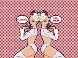 2girls ass bemani blonde_hair clone dance_dance_revolution heart i'm_alive_nurse_(ddr_solo_2000) in_game long_hair nurse official_art panties pink_background revealing_clothes seductive speech_bubble