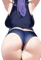 absurdres anus anus_peek arms_up ass ass_focus ateoyh black_shirt blue_archive blue_buruma breasts buruma cum cum_on_ass cum_on_clothes facing_away female from_behind head_out_of_frame highres large_breasts long_hair millennium_science_school_student purple_hair seminar_(blue_archive) shirt simple_background solo sweat thighs white_background yuuka_(blue_archive) yuuka_(gym_uniform)_(blue_archive) yuuka_(track)_(blue_archive)