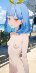 ai_generated beach blue_hair cute nude orange_eyes portrait soyapoya virtual_youtuber vtuber