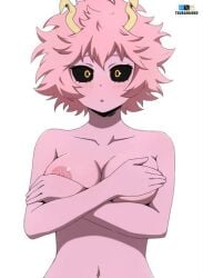 1girls big_breasts black_eyes blush breasts covering_breasts embarrassed embarrassed_nude_female enf horns looking_at_viewer mina_ashido my_hero_academia navel nipple_slip nipples pink_hair pink_skin short_hair topless tsuranukko