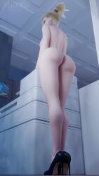 3d 3d_(artwork) ass blizzard_entertainment earrings from_behind mercy moonroomoom nude overwatch ponytail