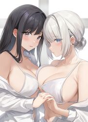 2girls asymmetrical_docking bikini black_hair blush breast_press breasts closed_mouth commentary_request highres holding_hands interlocked_fingers large_breasts long_hair long_sleeves looking_at_viewer mole mole_under_eye monoto multiple_girls navel original pink_eyes purple_eyes shirt short_hair smile swimsuit upper_body white_bikini white_hair white_shirt yuri