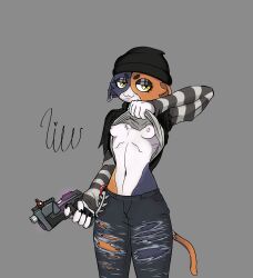 1girls breasts feline female female_focus female_only fortnite fortnite:_battle_royale furry furry_only gun hat holding_object jeans meow_skulls_(fortnite) meowskulls multicolored_fur nipples pants ripped_clothing shirt_lift simple_background small_breasts tail video_games weapon yellow_eyes