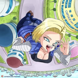 android_18 blonde_hair blue_eyes breasts cleavage curvy dat_ass dragon_ball dragon_ball_z giantess huge_ass huge_breasts imminent_vore macro male milf pinkpawg short_hair size_difference voluptuous vore wide_hips