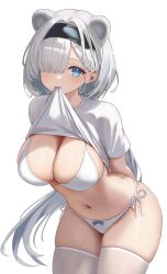 2024 animal_ears arknights arms_behind_back aurora_(arknights) bear_ears bear_girl bikini black_hairband blue_eyes breasts clothes_lift eyes_visible_through_hair fanteam female grey_hair hair_over_one_eye hairband hi_res large_breasts lifted_by_self long_hair looking_at_viewer mouth_hold navel shirt shirt_lift short_sleeves side-tie_bikini_bottom solo swimsuit t-shirt thighhighs white_bikini white_shirt white_thighhighs