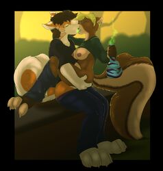 2011 anthro bloo_(artist) bong bottomless breasts canine closed_eyes female fur furry gun husky kappy_(character) kissing male nude pants pants_down sex shotgun skunk straight weapon