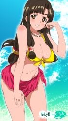 1girls amber_eyes bare_arms bare_legs bare_midriff bare_shoulders bare_thighs barefoot belly_button big_breasts bikini bikini_bottom bikini_scarf bikini_top black_hair blue_sky blush cleavage clouds female female_only human light_skin long_hair looking_at_viewer midriff navel pearl_necklace pink_bikini_scarf saaya_(suisei_no_gargantia) solo suisei_no_gargantia thick_thighs tied_hair yellow_bikini yellow_bikini_bottom yellow_bikini_top