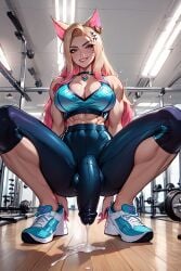 1futa ahri ai_generated ball_bulge balls balls_under_clothes big_balls big_breasts blonde_hair breasts cat_ears cleavage cum cum_drip cumshot ejaculation flaccid futa_only futanari gym gym_clothes gym_clothing gym_uniform hands-free handsfree_ejaculation huge_breasts huge_cock league_of_legends long_hair looking_at_viewer muscular muscular_futanari necklace orgasm_without_stimulation penis penis_bulge penis_under_clothes precum_through_clothing red_lipstick smile smile_at_viewer squatting taker_pov thighs veiny_penis yoga_pants yoga_pants_bulge