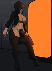 1futa balls big_breasts black_hair bottomless breasts brown-tinted_eyewear clothed clothing cybernetic_penis cybernetics cyberpunk_2077 d34h erection exposed_penis futa_only futanari half_shaved_head high_heels horsecock horsecock_futanari huge_balls huge_breasts huge_cock human jacket light-skinned_futanari light_skin mostly_nude penis self_upload solo standing sunglasses thick_thighs thighhighs tinted_eyewear touching_penis white_skin