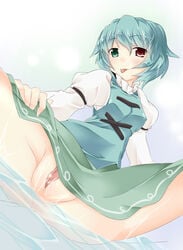 :p blue_hair blush color green_eyes heterochromia kogasa_tatara no_panties nude pussy red_eyes sesield short_hair skirt skirt_lift smile solo tongue touhou water wet