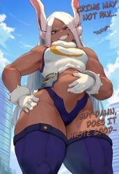 1girls ai_generated boku_no_hero_academia bunny_ears burp city cutesexyrobutts_(style) cutesexyrobutts_ai_artstyle_imitation dark-skinned_female dark_skin dspaceous english_text female female_pred giantess grin implied_vore looking_down miruko my_hero_academia rabbit_ears rubbing_belly rumi_usagiyama smile solo_female text thick_thighs vore white_hair