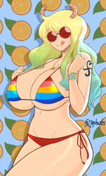 1girls alternate_hair_color big_breasts bikini blonde_hair blue_hair bracelet breasts cosplay eyelashes female female_focus female_only gradient_hair green_eyes green_hair horns joylewds log_pose long_hair miss_kobayashi's_dragon_maid multicolored_hair nami_(one_piece)_(cosplay) necklace one_piece quetzalcoatl_(dragon_maid) red-tinted_eyewear solo solo_female solo_focus sunglasses tattoo thick_thighs tinted_eyewear tongue tongue_out underboob wink wristband yellow_hair