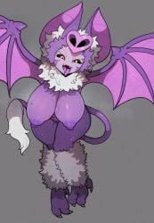 anthro bat bat_wings big_breasts black_sclera bodily_fluids breasts dragon_quest female grey_background hi_res huge_breasts looking_at_viewer mammal membrane_(anatomy) membranous_wings nude simple_background solo square_enix succubat_(dragon_quest) succubus sweat tongue tongue_out uenositasayuu wings yellow_eyes