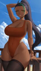 1girls black_hair bracelet breasts clouds competition_swimsuit green_streak highleg highleg_swimsuit large_breasts looking_at_viewer nemona_(pokemon) nintendo one-piece_swimsuit orange_one-piece_swimsuit orange_swimsuit outside pokemon pokemon_sv ponytail posing ring sky swimsuit thighhighs yellow_eyes zaphn