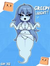 bikini bikini_top black_sclera blue_body blue_eyes blue_hair breasts ghost ghost_girl open_mouth shy_jaz spooky's_house_of_jump_scares spooky_(shojs) text toast